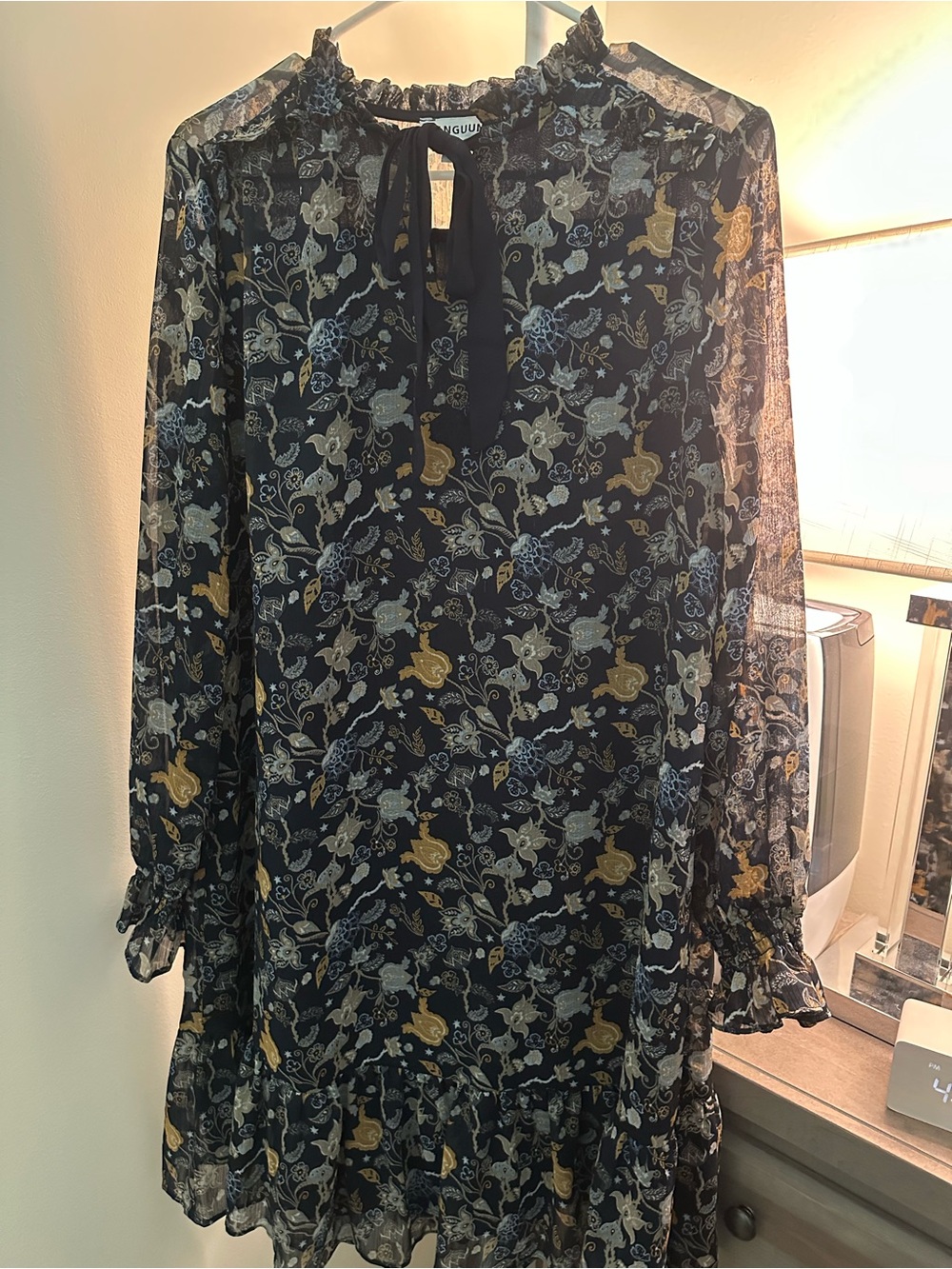 Tie-Neck Navy Floral Long Sleeve Dress - Lightweight Ruffle Hem